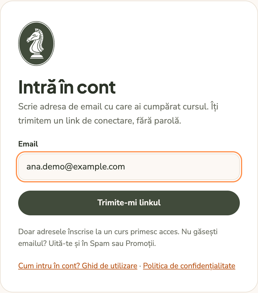 Pagina de conectare, cu câmpul pentru email