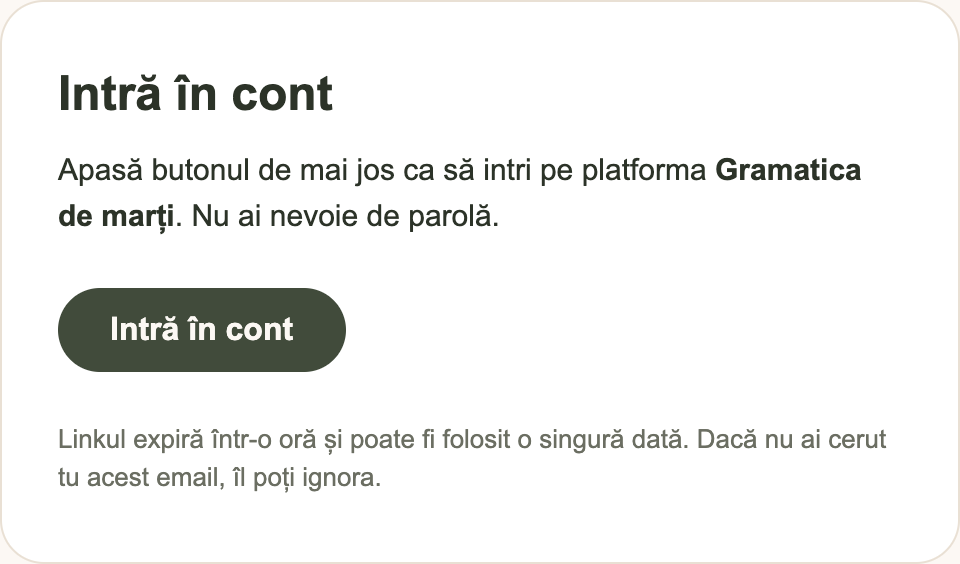 Emailul cu butonul „Intră în cont”
