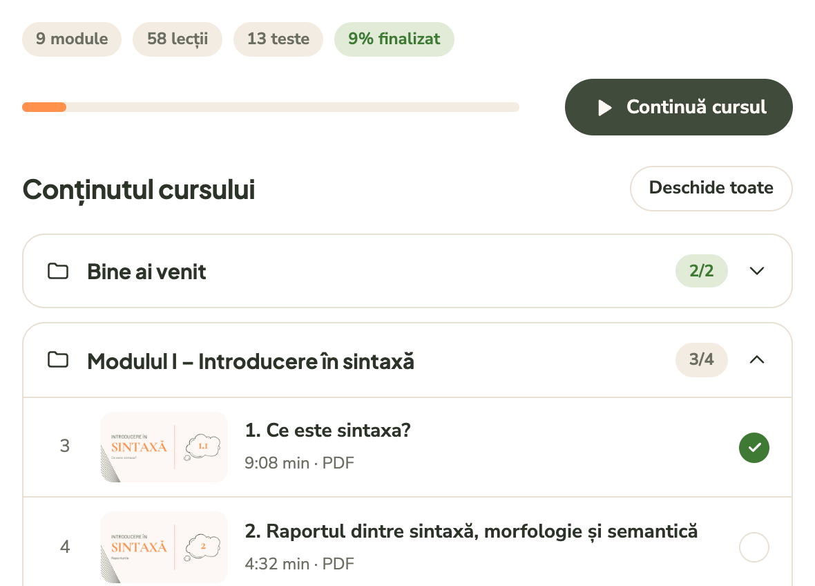 Pagina Cursurile mele, cu modulele cursului