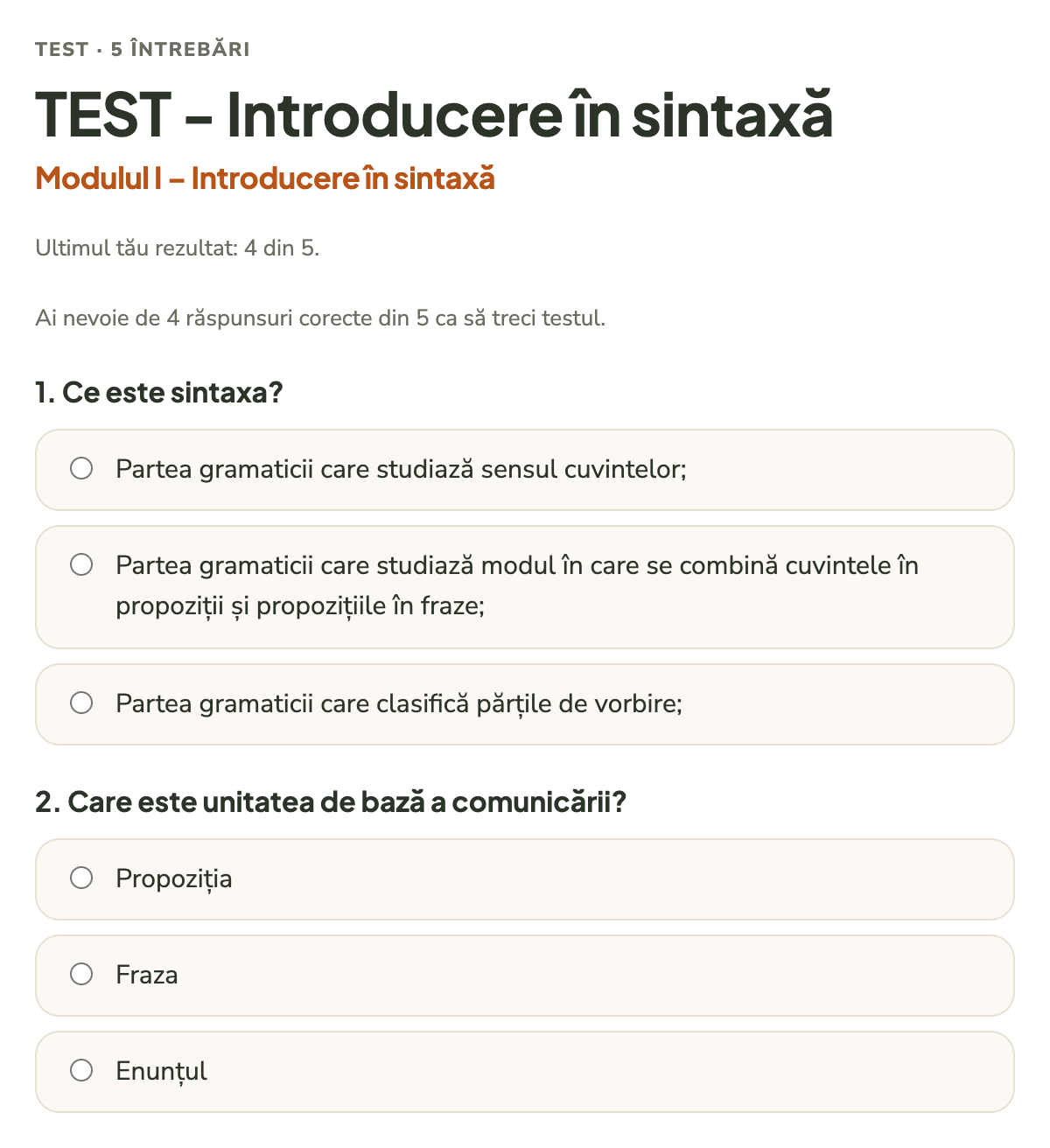 Un test cu întrebări și variante