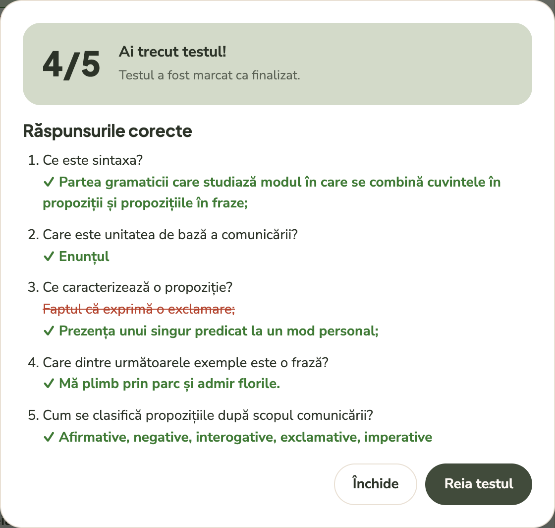 Fereastra cu scorul și răspunsurile corecte