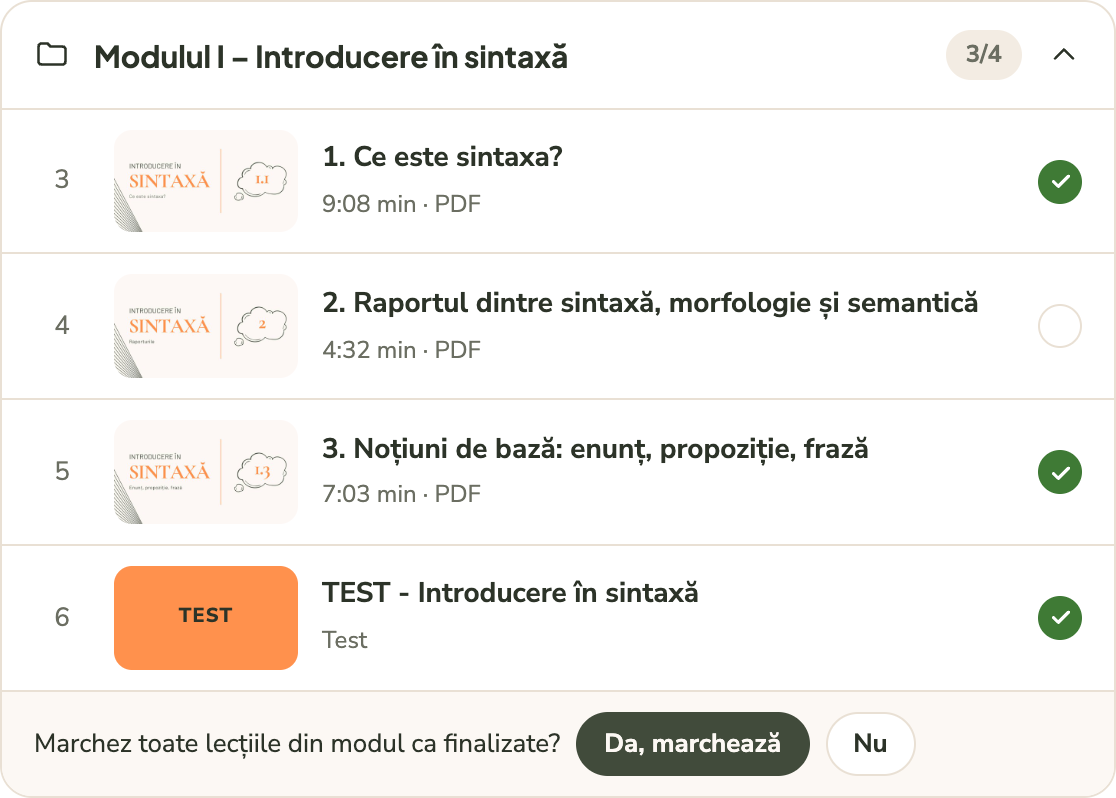 Butonul Am terminat deja acest modul